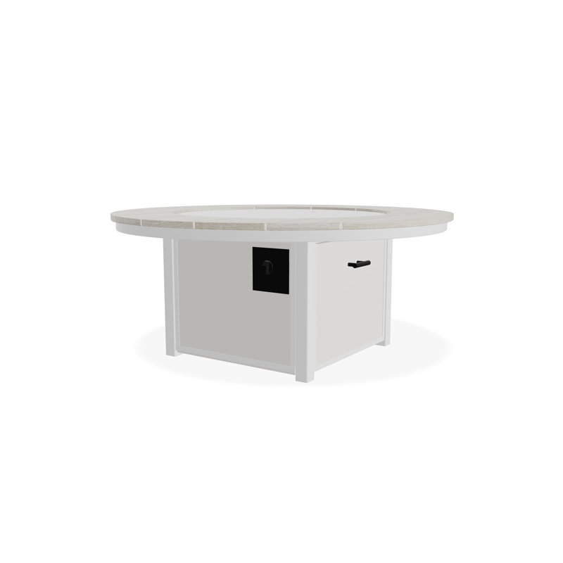 Table de foyer 42 po ronde en polymère rustique avec tablette au propane, H 23 po x l 54 po x P 54 po, White/Laguna