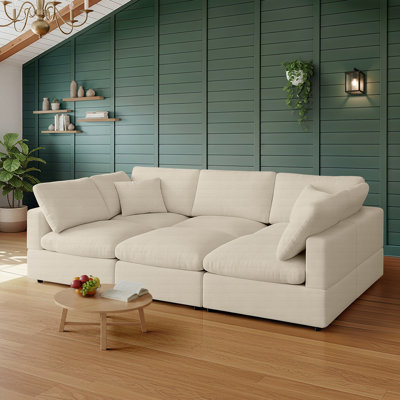 Lodkccy Cloud Modular Sectional Couches 95.4” Sofa Bed For Living Room Deep Seat Sectional Couch Down Filled 6Seater Modular Sofa With Ottoman For House Office Khaki