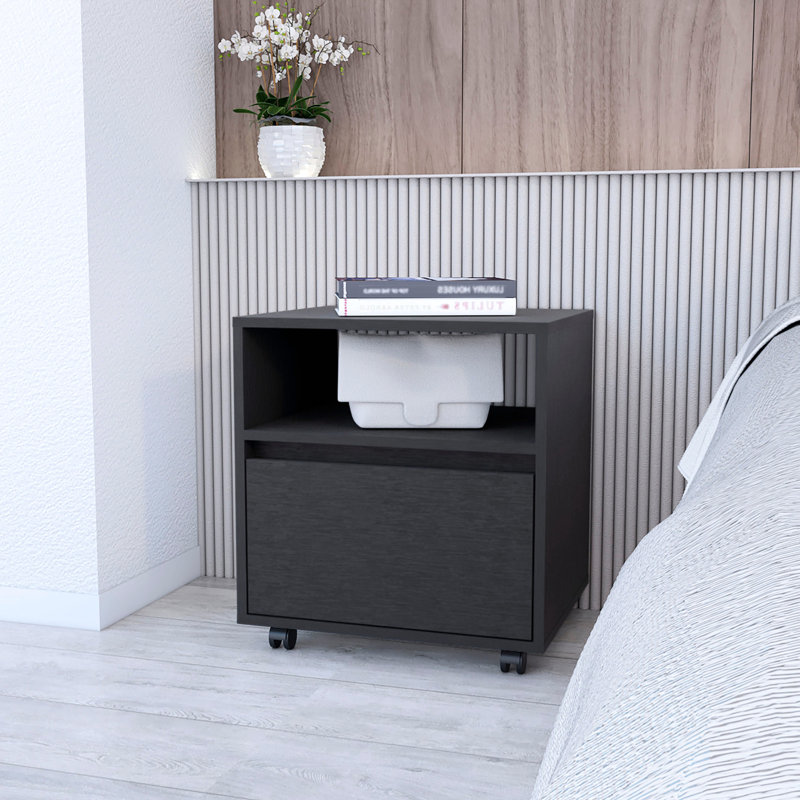 Table de chevet pour chambre à coucher avec 1 tiroir et roues élégantes à finition lisse noire, Noir