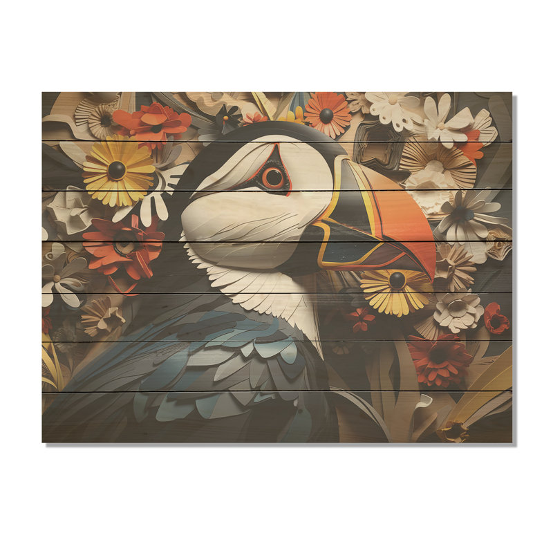 Morden Puffin Portrait d'oiseau I - animal côtier sur bois, H 34 po x l 44 po