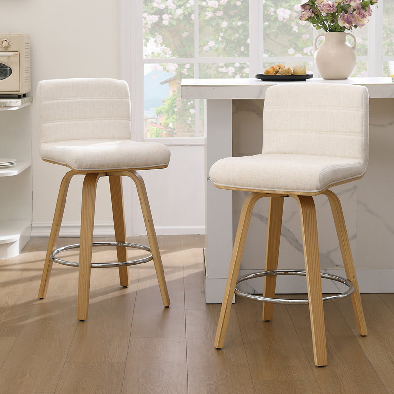 Swivel Upholstered Counter & Bar Stool With Solid Wood Frame, 2, Light Beige/Linen