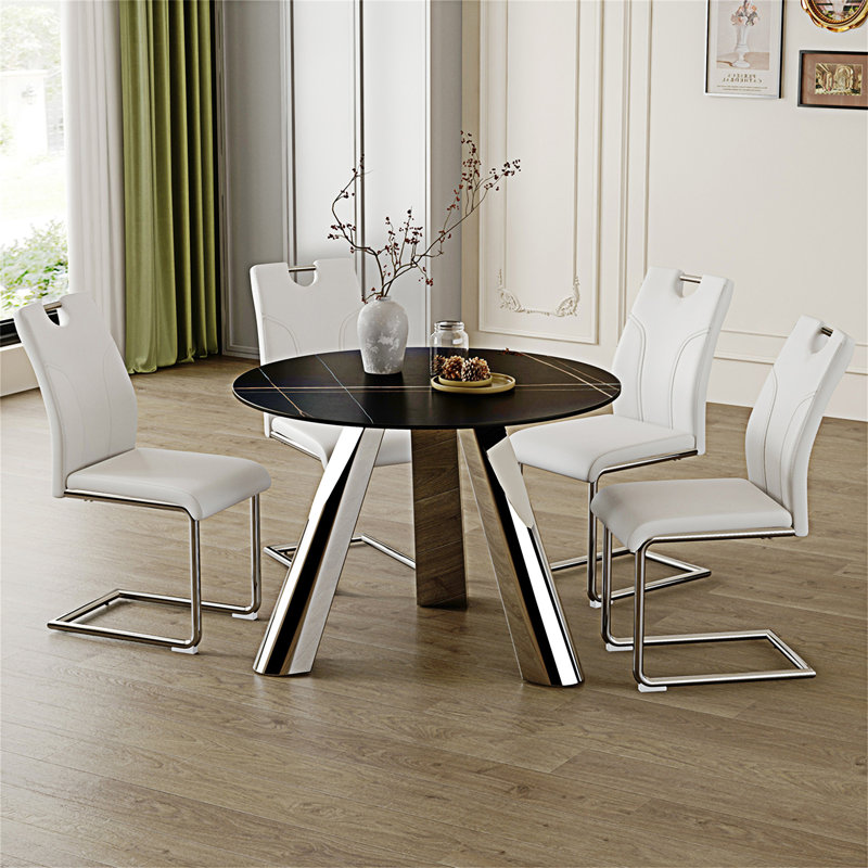 Modern Black Sintered Stone Round Table with White Chairs