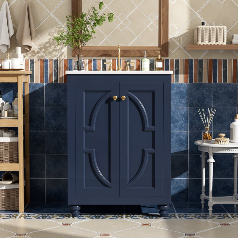 Meuble-lavabo moderne de 24 po avec motif elliptique orné et charnières à fermeture en douceur, Blue