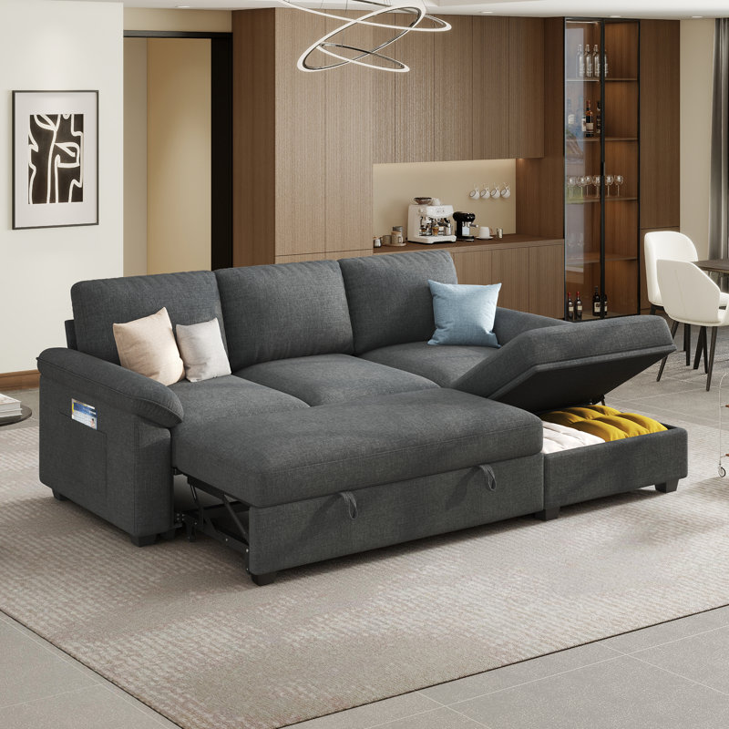 Canapé-lit d'angle Ahn en forme de L avec lit gigogne et pouf de rangement amovible, gris, 4, Gris, L-Shaped