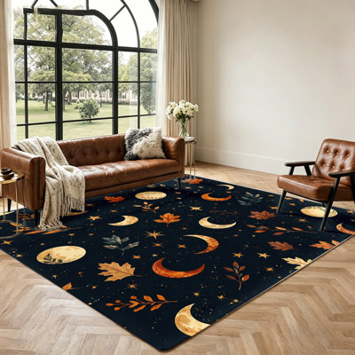 Artistic Moon and Stars Area Rug, Unique Celestial Design Floor Carpet, Soft Plush Indoor Mat for Living Room Bedroom Home Decor, Washable Non-Slip