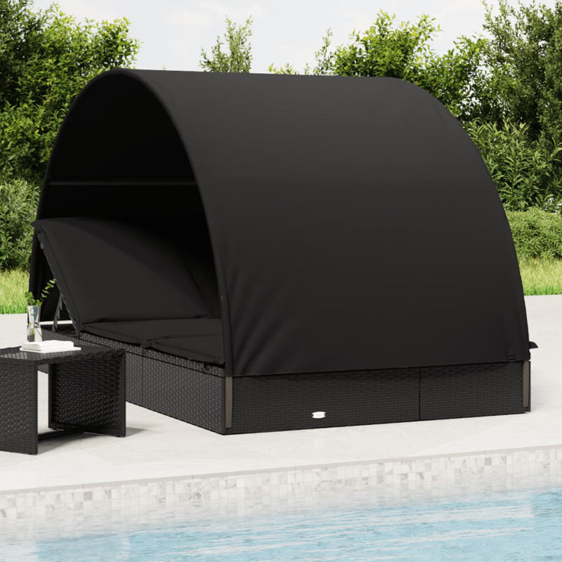 2-Person Sunbed with Round Roof Patio Daybed Furniture Poly Rattan, White, Black