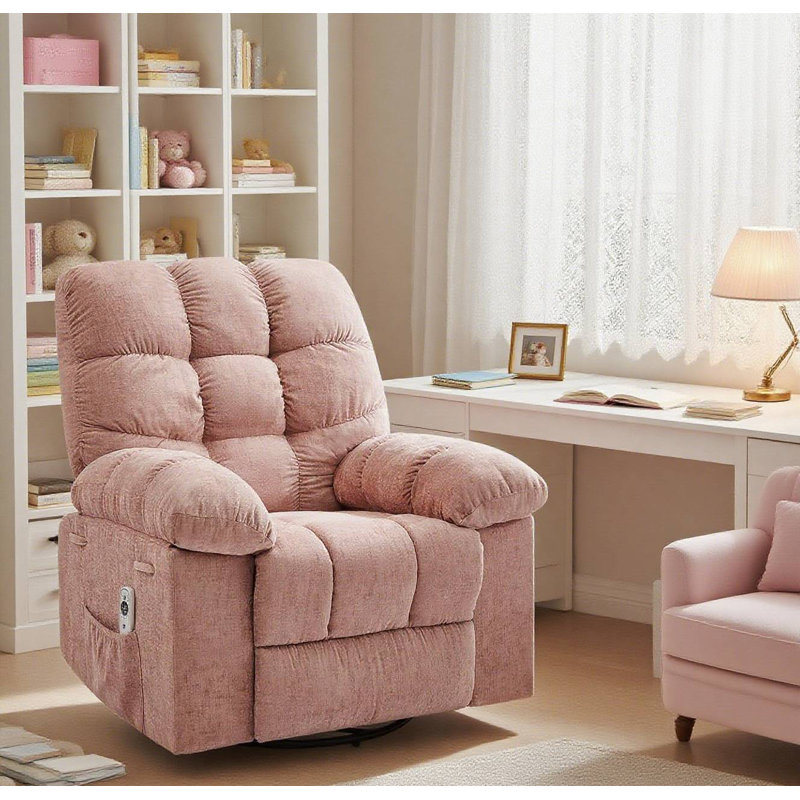 Rocking Recliner Chair with Massage & Heat, 360° Swivel Oversized Recliner with USB Port for Living Room, Pink