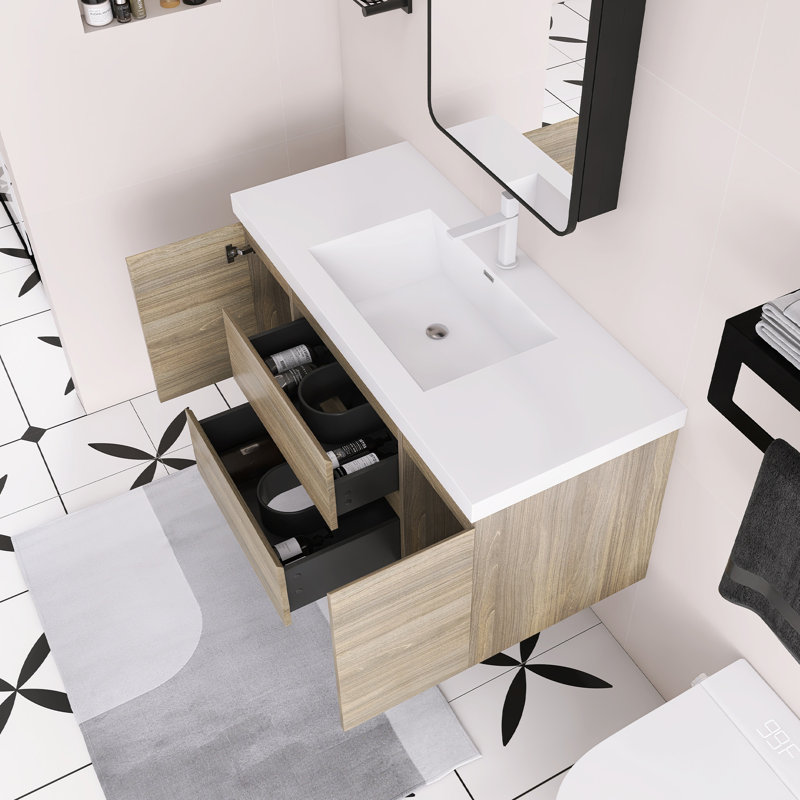 48" Glossy White Wall-Mounted Single Bathroom Vanity With Resin Top, Gray
