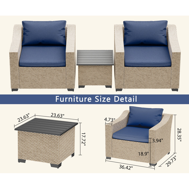 Raian Wicker 2 - Person Patio Conversation Sets with Cushions, White, Blue