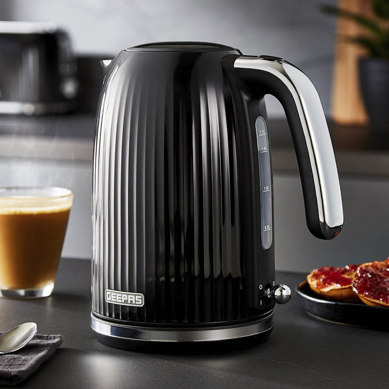 GEEPAS Fluted 1.7L Kettle & 2 Slice Toaster Kitchen Combo Set | 3000W Rapid Boil Cordless Kettle Auto Shut-Off | 1750W Toastie Machine 6 Browning Level Removable Crumb Tray Cord Storage