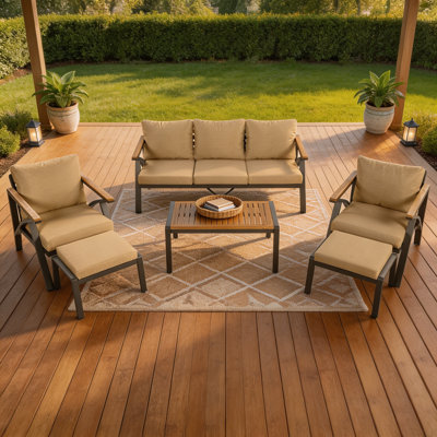 Ensemble de 6 meubles de patio pour l'extérieur, ensemble de canapé à structure en métal avec canapé 3 places, 2 fauteuils, 2 repose-pieds et table basse en bois d'acacia, sièges rembourrés pour la cour, le jardin et la piscine, coussins bruns