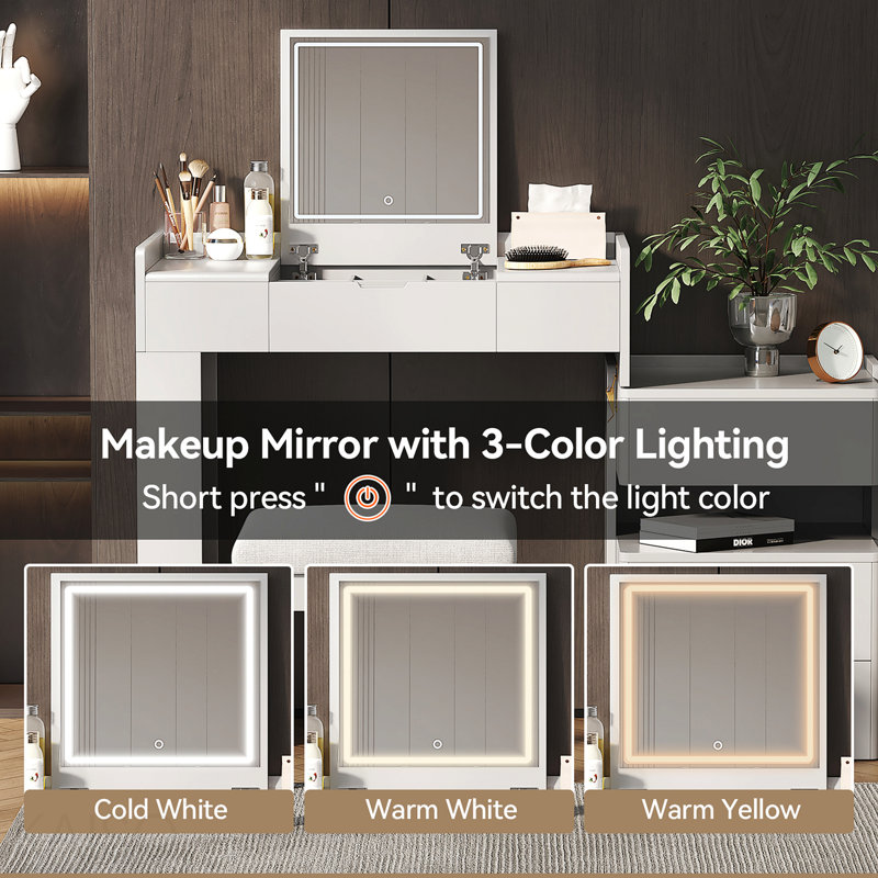 Bureau de coiffeuse 3 en 1 avec miroir rabattable, éclairage à DEL, longueur réglable et tiroirs spacieux - Coiffeuse multifonctionnelle élégante pour la maison, blanc