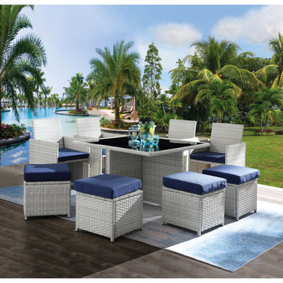 9 pièces en tissu bleu et bistro - chaises, repose-pieds, salle à manger et tabouret 9 pièces