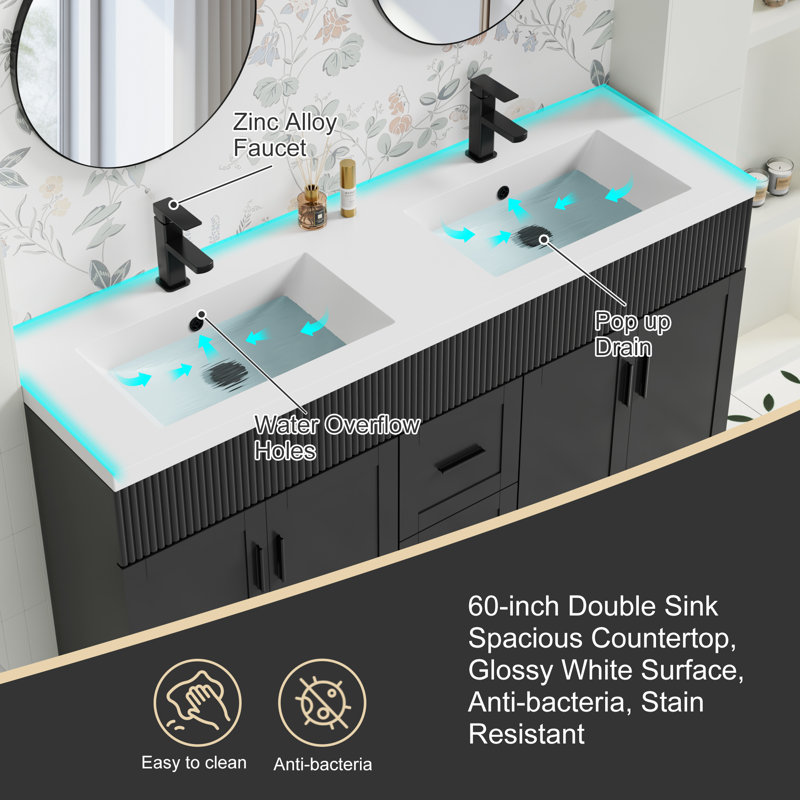 Meuble-lavabo double 60 po Breonica Shavon avec comptoir en résine, robinet en alliage de zinc, peint à la main, certificat EPA