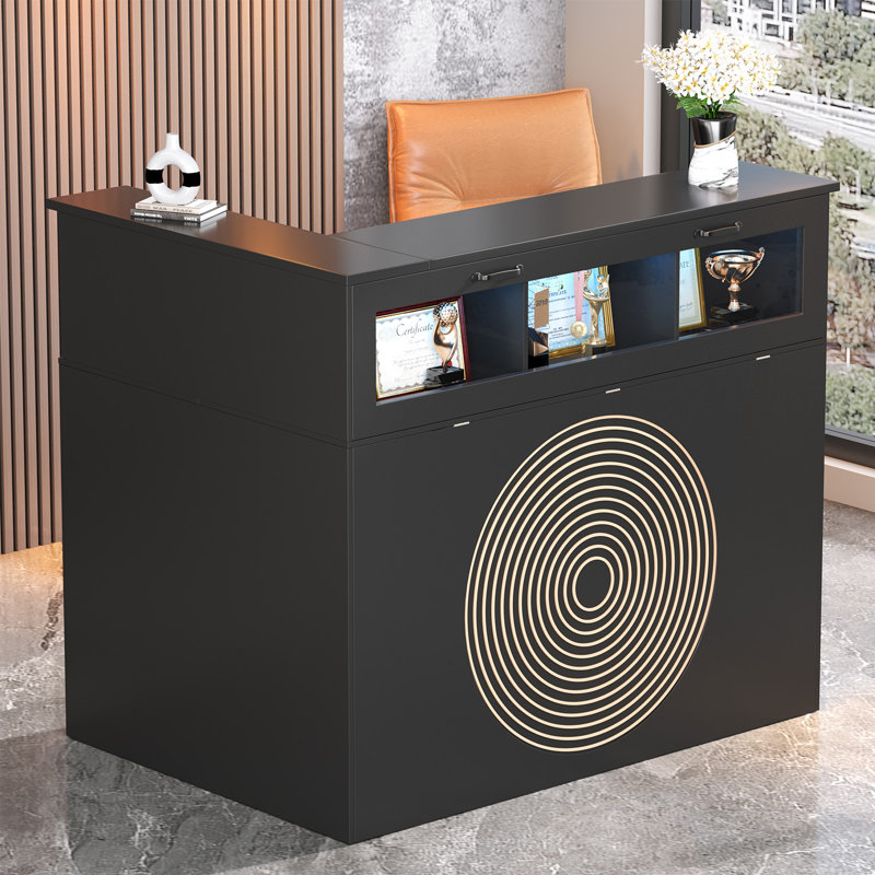 Bureau d'accueil en forme de L avec éclairage DEL multicolore et rangement pour bar, bureau, magasin, maison ; table de bar
