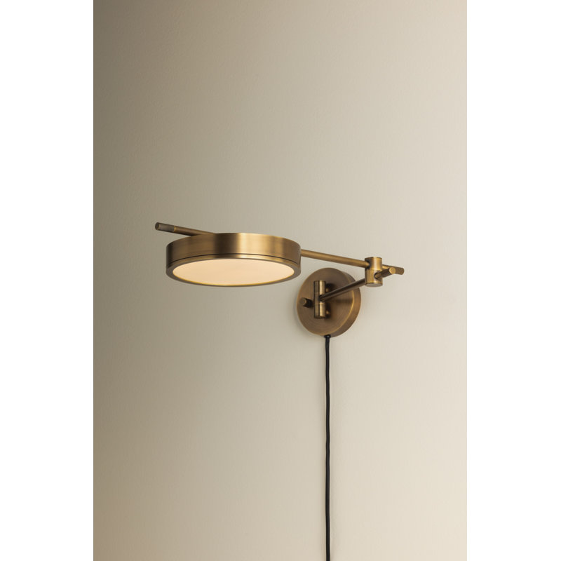 Patina Brass Swing Arm Plug-In Wall Sconce with White Linen Shade