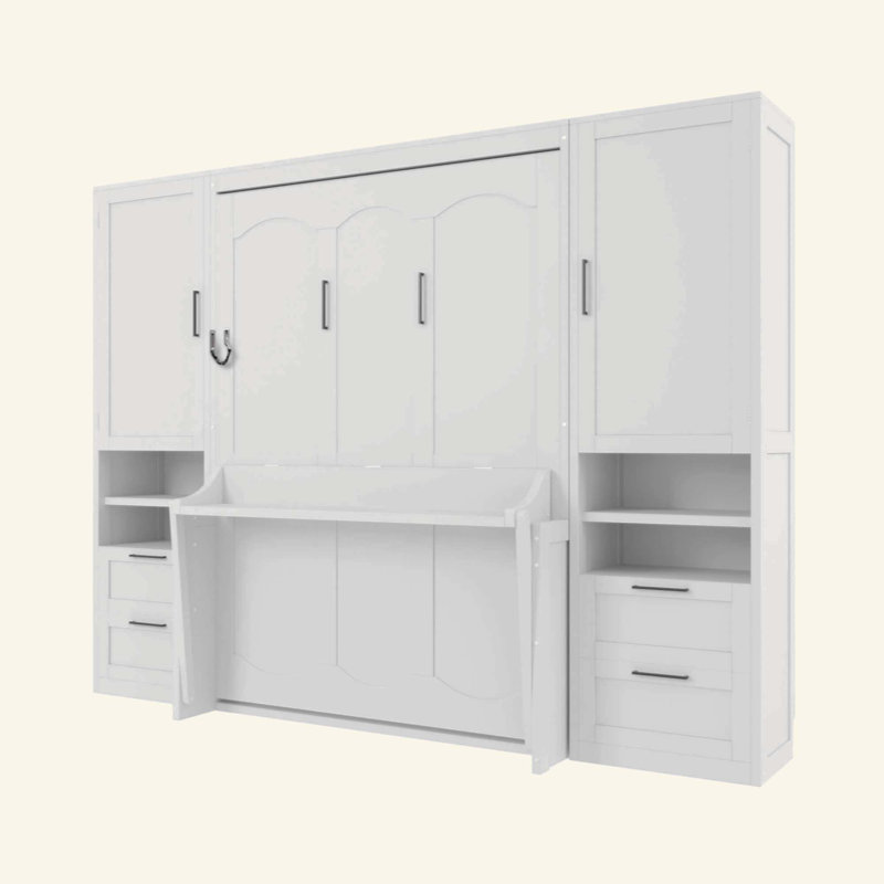 Lit escamotable mural avec placard, tiroirs et tablettes Murphy, Double, Blanc