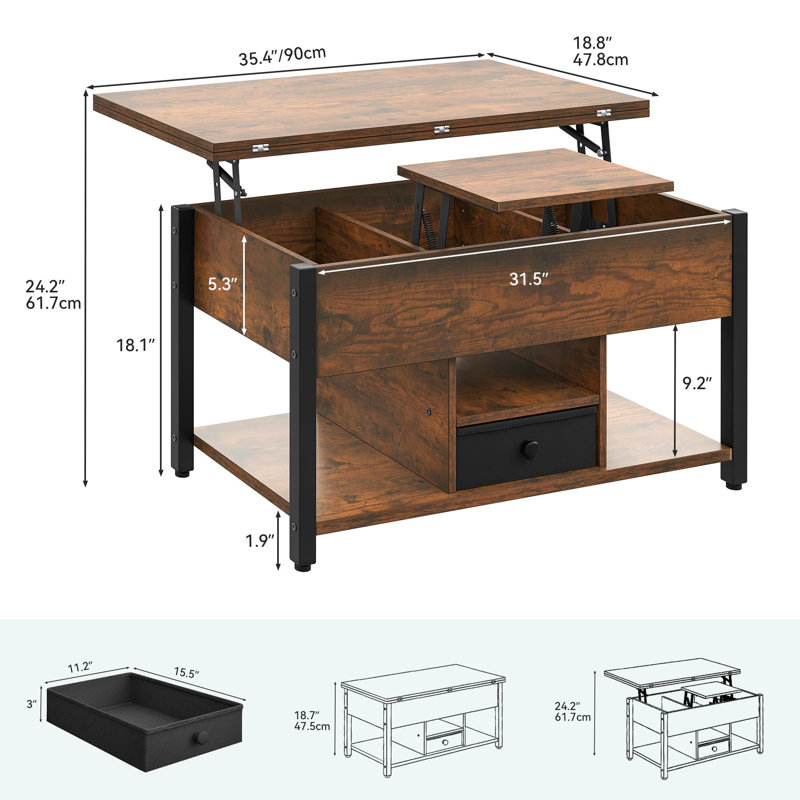 Afeez Lift Top Coffee Table with Storage，Extendable Coffee Table Centre Table for Living Room, Black, Rustic Brown