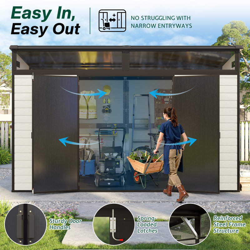 10' X 7' Resin Storage Shed With Floor, Double Doors, Sloped Roof, Skylights, Window & Vents, 80′H x 84′W x 121′D