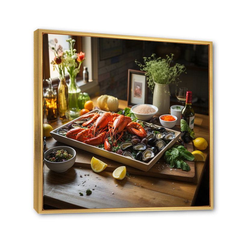 Assortiment de fruits de mer III sur toile, H 30 po x l 30 po x P 1 po, Cadre flottant doré