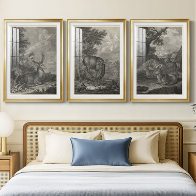 Woodland Deer III - reproduction sur mesure encadrée de qualité supérieure - 3 pièces