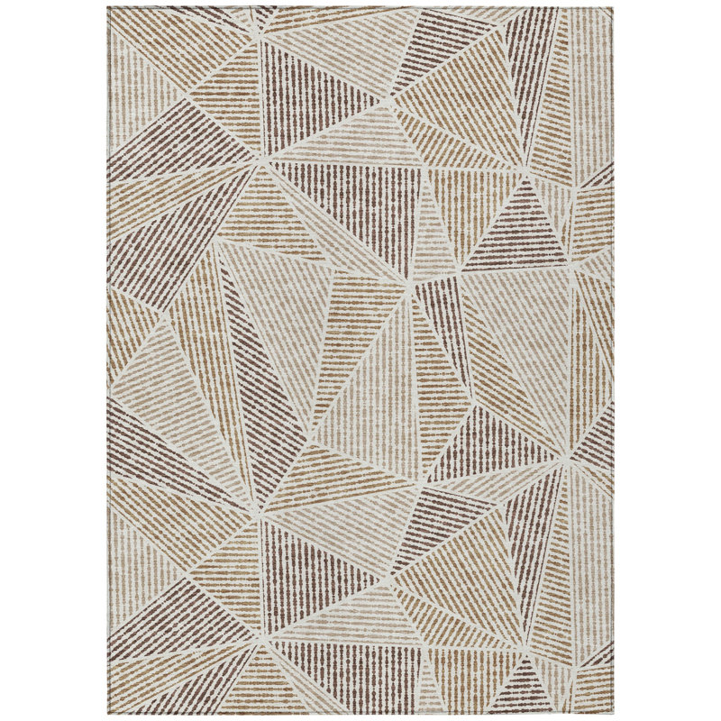 Tapis intérieur / extérieur 8 pi x 10 pi brun à motif géométrique lavable taupe et beige