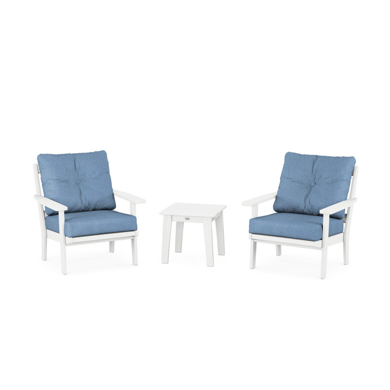 Ensemble de conversation avec coussins 3 pièces Oxford, Bleu ciel, Blanc