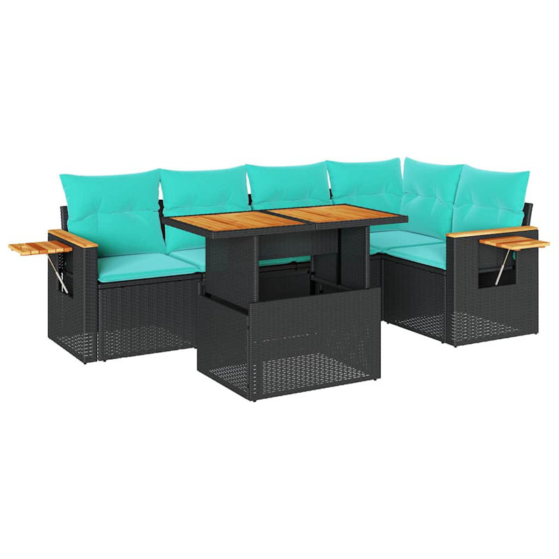 Ensemble de canapés de patio 6 pièces avec coussins en rotin noir et acacia