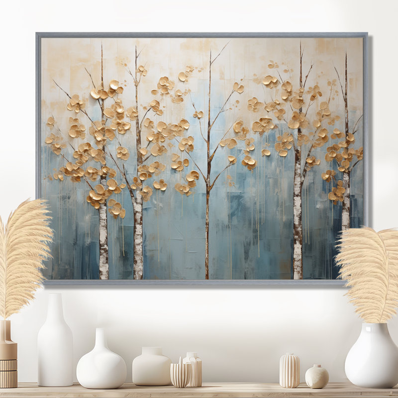 Minimalisme, arbres dorés et bleus, paysage II - art mural arbres, 24" H x 32" W, Encadrement argenté