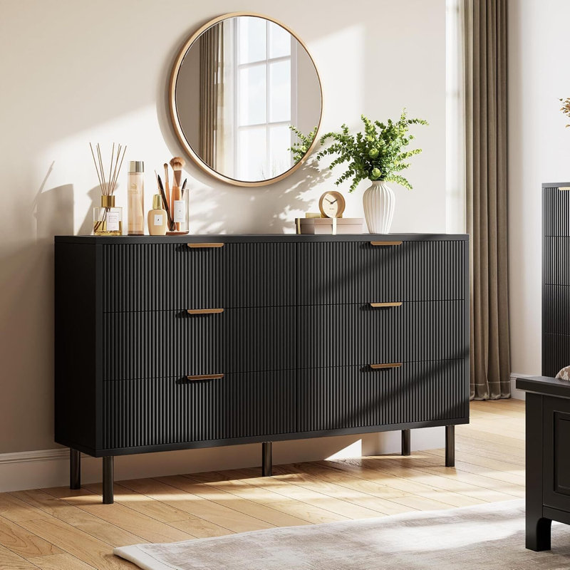6-Drawer Wave Fluted Dresser, Wide Modern Wood Chest with Metal Legs & Handles, Anti-Tip, Black