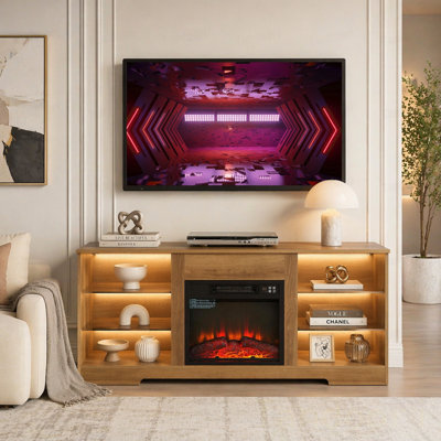 Meuble télé Meuble télé avec foyer et tablettes en verre, foyer 3D avec lumières DEL en bois et prise de charge USB Centre de table de télévision moderne pour téléviseur de 32 à 62 po ou moins