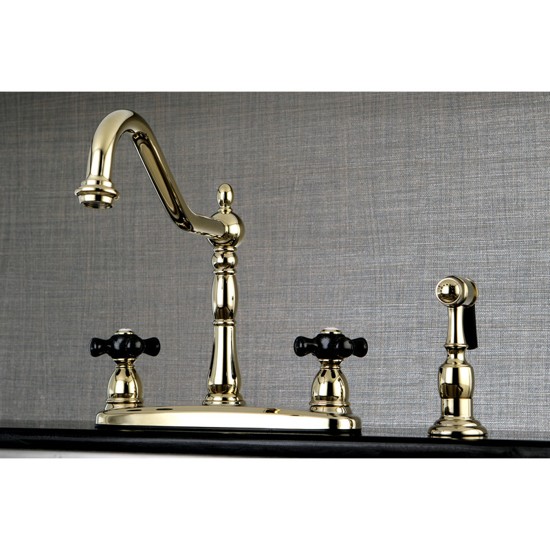 Kingston Brass Duchess Two-Handle 4-Hole 8" Centerset Kitchen Faucet with Side Sprayer, Polished Brass