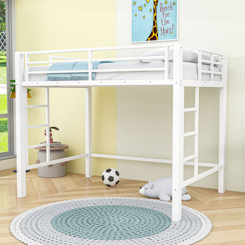 Metal Loft Bed with Dual Ladders and Slats,Guardrails, Full
