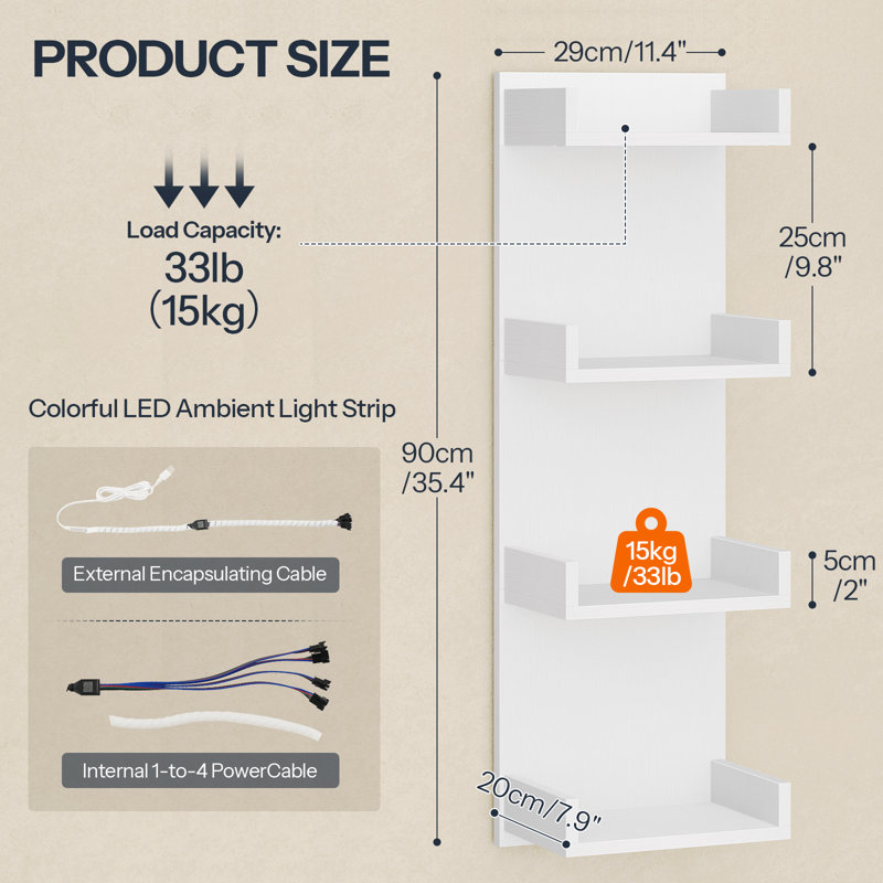 Étagère murale avec éclairage DEL, tablette flottante, tablette à 4 niveaux pour rangement mural, présentoir mural vertical, pour chambre, salon, couloir