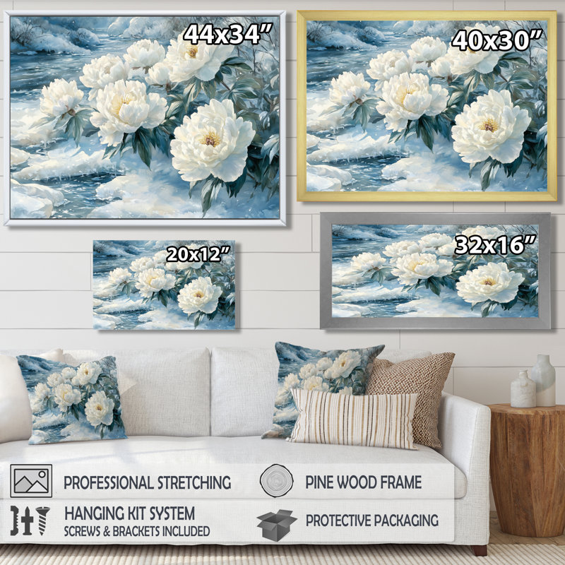 Loftin Winter Pivoines par la glace, rivière couverte II - pivoines, art mural large, Reproduction encadrée d'une seule photo
