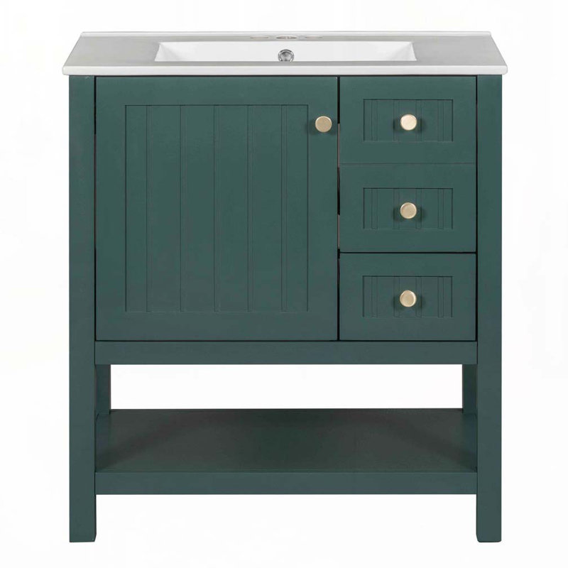 Meuble-lavabo de salle de bain avec lavabo en céramique, 2 tiroirs, Vert