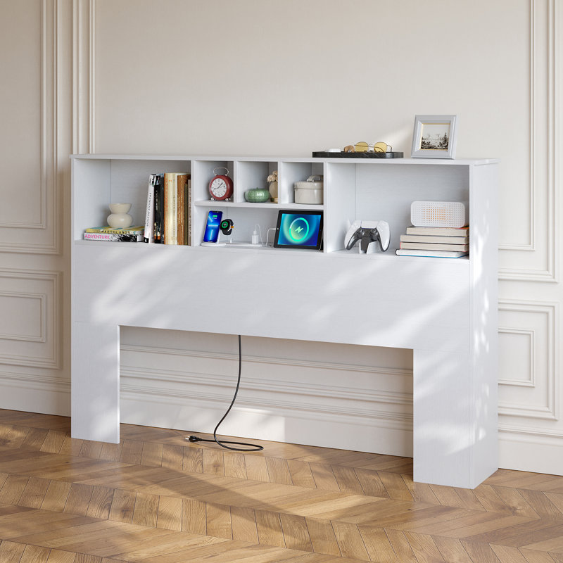 Tête de lit bibliothèque avec station de charge et 2 lumières DEL, Grand lit, Blanc
