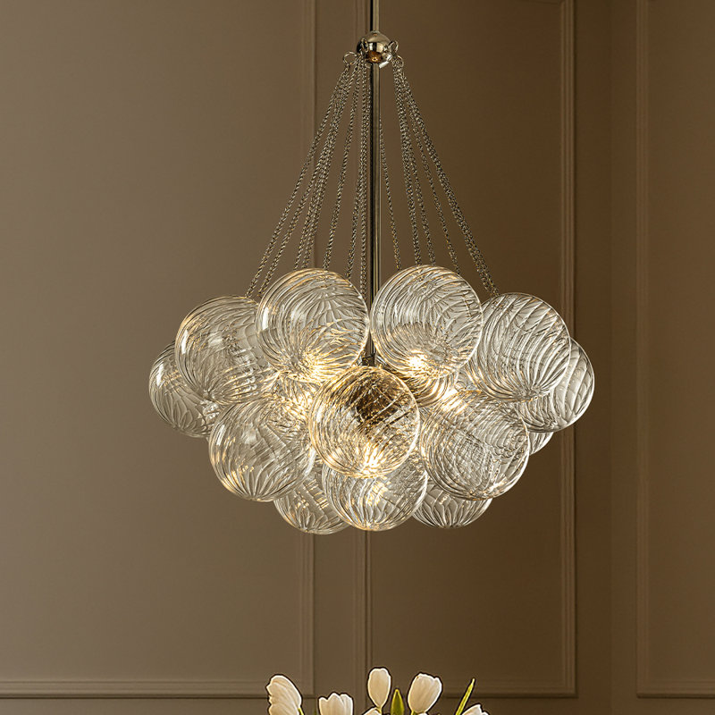 27'' Modern Glam Cluster Chandelier 6 Lights Pendant With Hand Blown Textured Glass Globes And Chrome Finish For Dining Room And Foyer