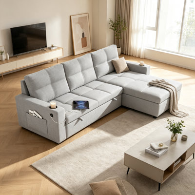85" L-Shaped Sleeper Sofa with Pull-Out Bed, USB, Cup Holders & Storage