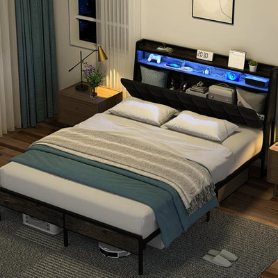 Structure de grand lit avec tête de lit ergonomique, 10 lumières à DEL modifiables, réglage de la boîte de rangement et de rangement, tablette