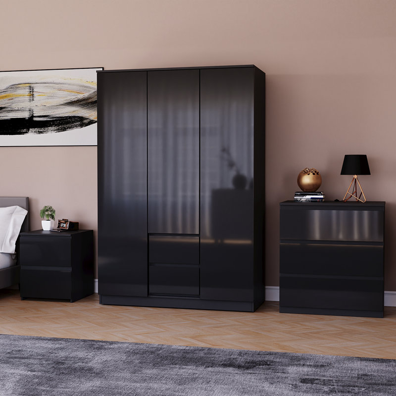 Oslo 3 Piece Bedroom Set (2 Drawer Bedside Chest, 3 Drawer Chest, 3 Door 2 Drawer Wardrobe), (100% FSC), Black