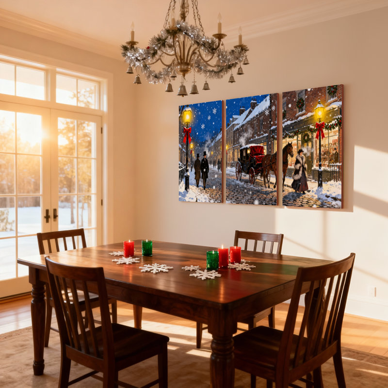 «Christmas Snowy Street Winter Carriot Scene», ensemble de 3 impressions d'art sur toile