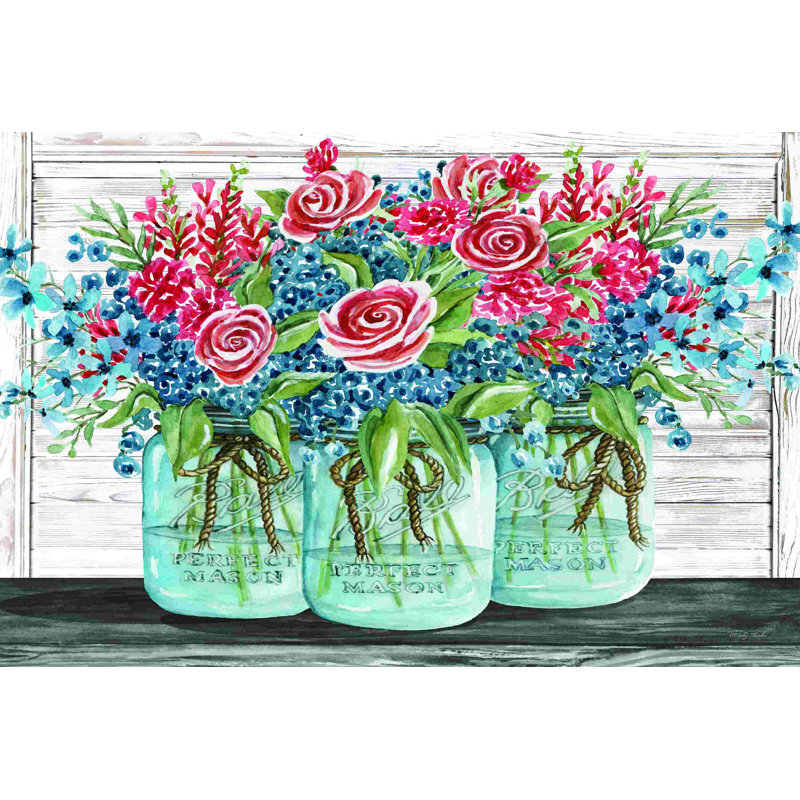 Pots rouges, blancs et bleus avec fleurs blanches, H 32 po x l 48 po