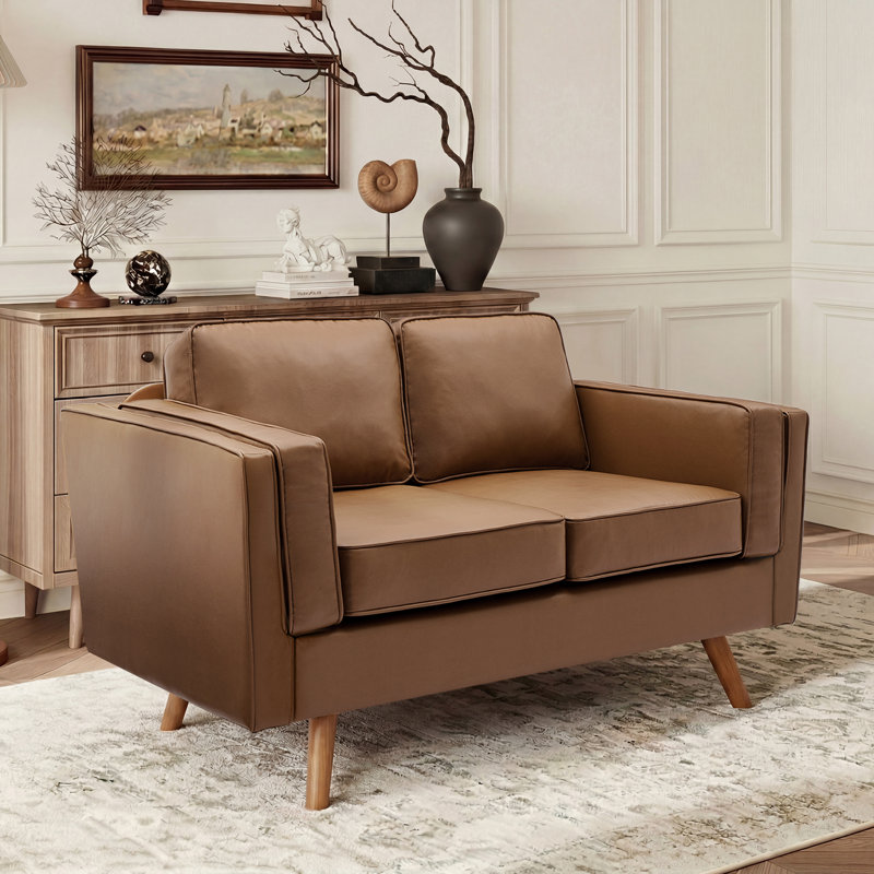 Havens 62.2'' Wide Upholstered Loveseat With Solid Wood Legs, Coffee Brown Faux Leather