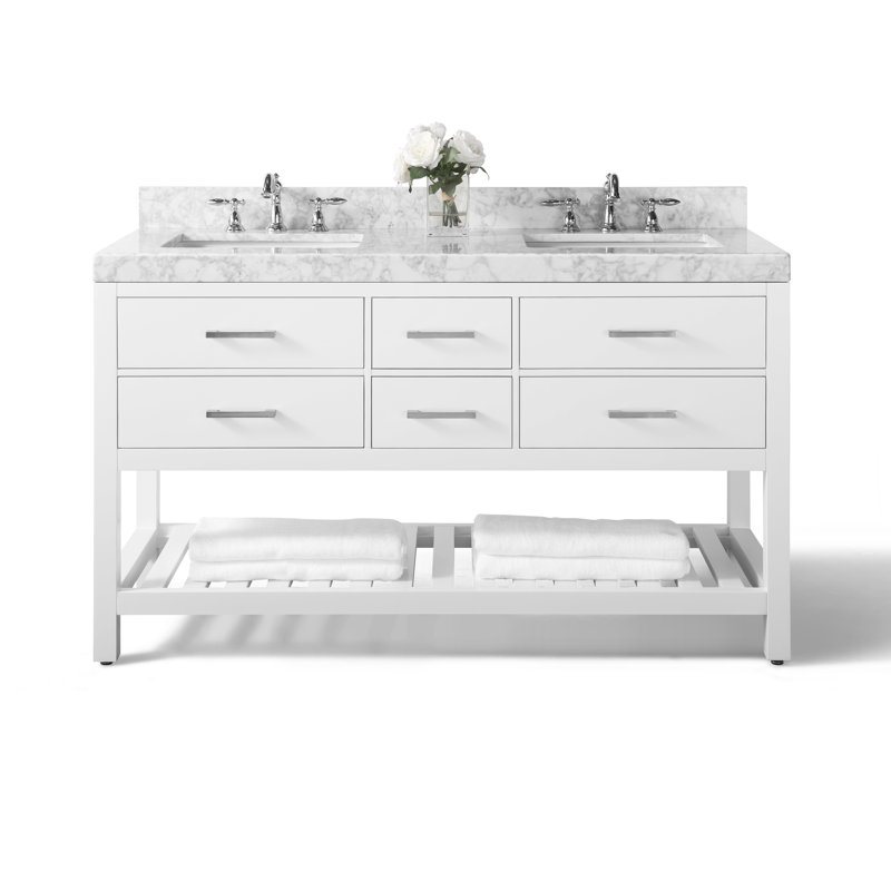 Elizabeth 60'' W Double Vanity, White/Brushed Nickel, Carrara White Marble