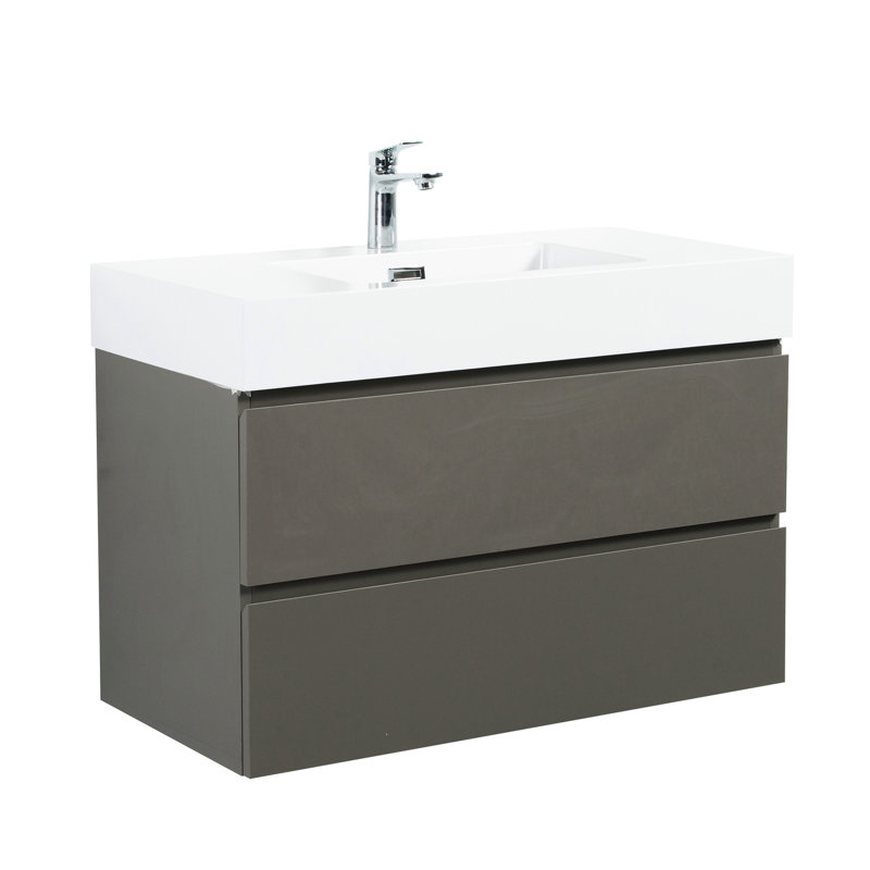 Meuble-lavabo de 36 po avec lavabo - installation murale grise moderne, rangement à double tiroir, dispositif silencieux, poignée élégante - Fragment, optimiseur, appareil, contemporain