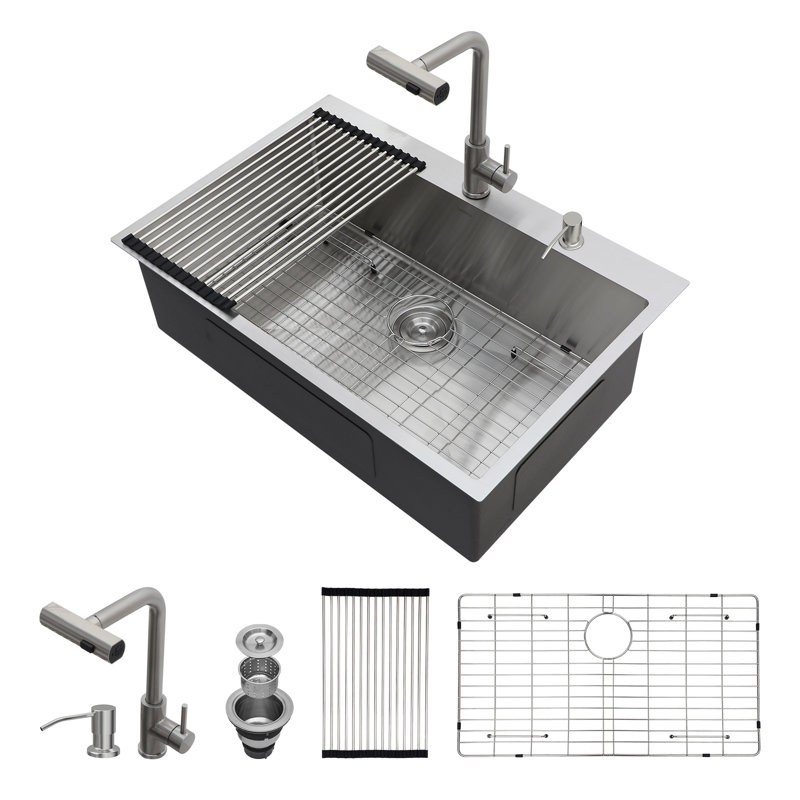 33" L X 22" W Drop-In Kitchen Sink Stainless Steel 16 Gauge Single Bowl Topmount Sink With Pull Out Kitchen Faucet And Soap Dispenser