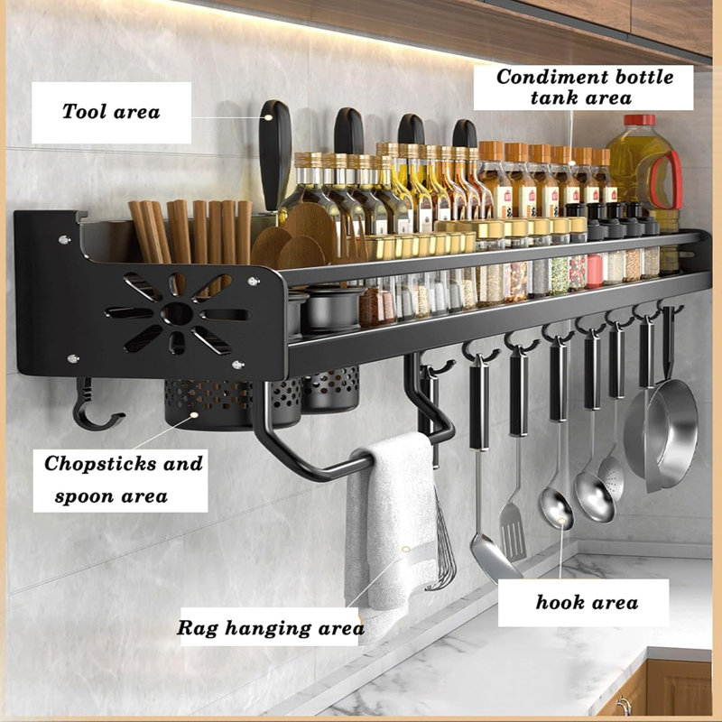 Kitchen Wall Mount Spice Rack Seasoning Organizer with 2 Utensil Holders
