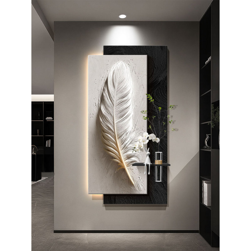 Modern Feather-Painted Sandstone Hydroponic Plant Mural With Lights, 39.37" H x 19.69" W x 2.17" D, Black;White
