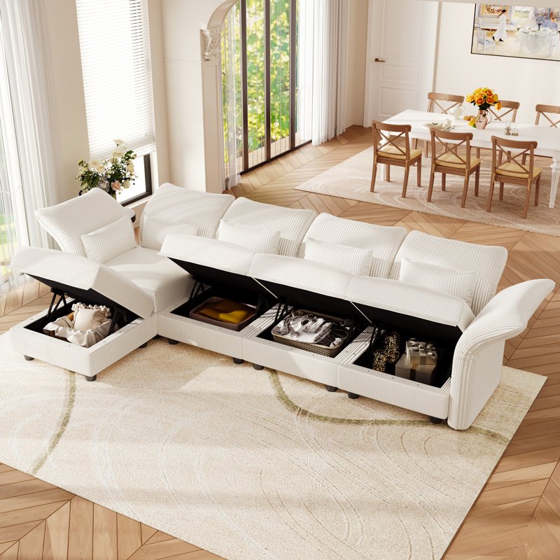 Canapé modulaire rembourré en U avec rangement, canapé à 5 places en velours côtelé avec dossier à accoudoirs réglables, coussins de soutien moelleux, beige